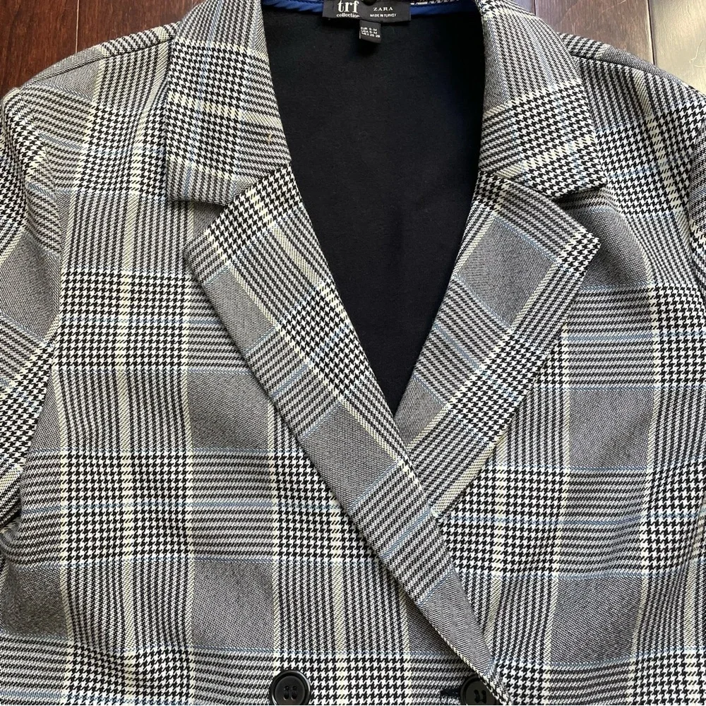 Zara Women’s Blazer Plaid Size S-M Gray Black Blue - Picture 3 of 6